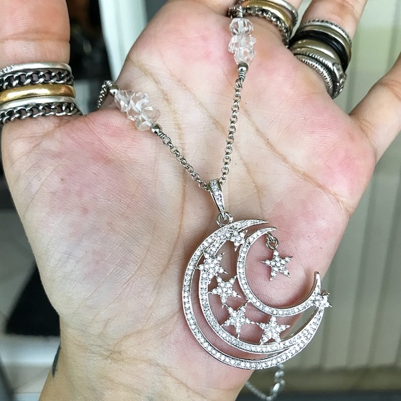 White gold plated cz moon stars herkimer diamonds - Picture 3 of 12